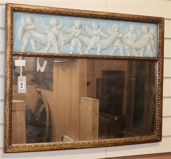 A 19th century giltwood and gesso small overmantel mirror surmounted by an oil on canvas panel depicting putti, 62 x 78.5cm W.79cm